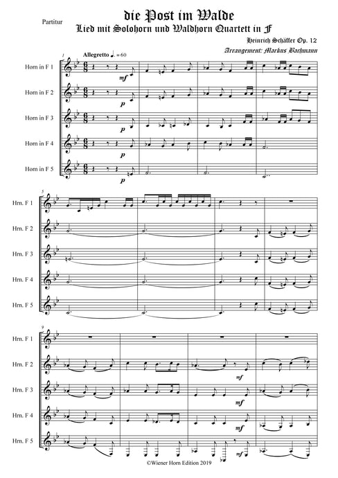 die Post im Walde - Heinrich Schäffer - für Solo Horn und Waldhorn Quartett in F