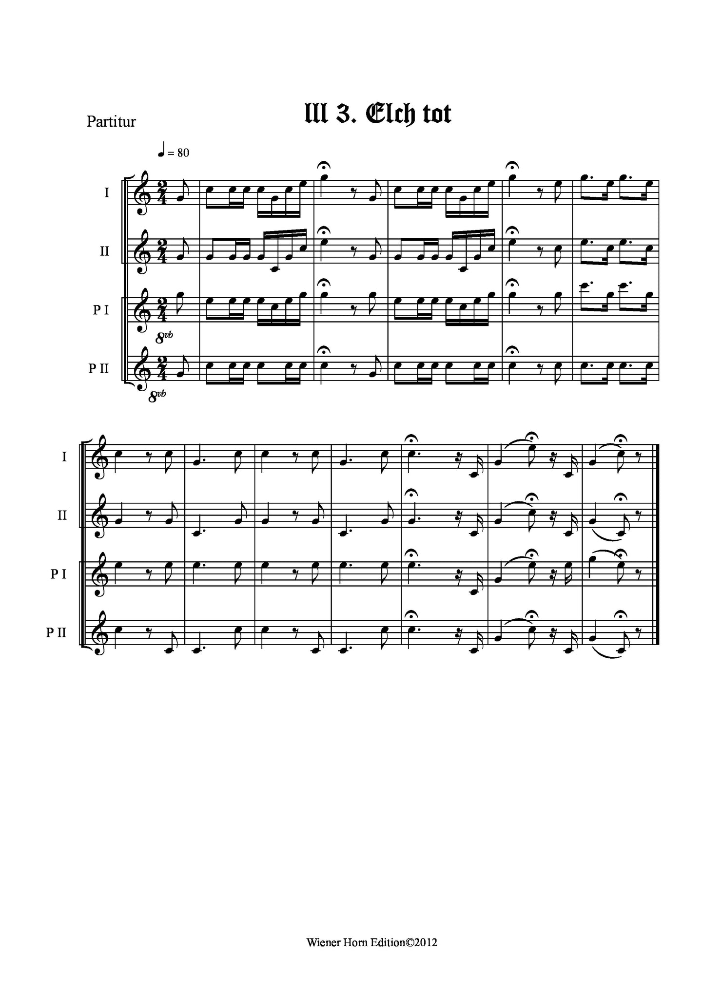 Elch tot - Totsignal für 2 Pless Hörner & 2 Parforce Hörner in B mit Text