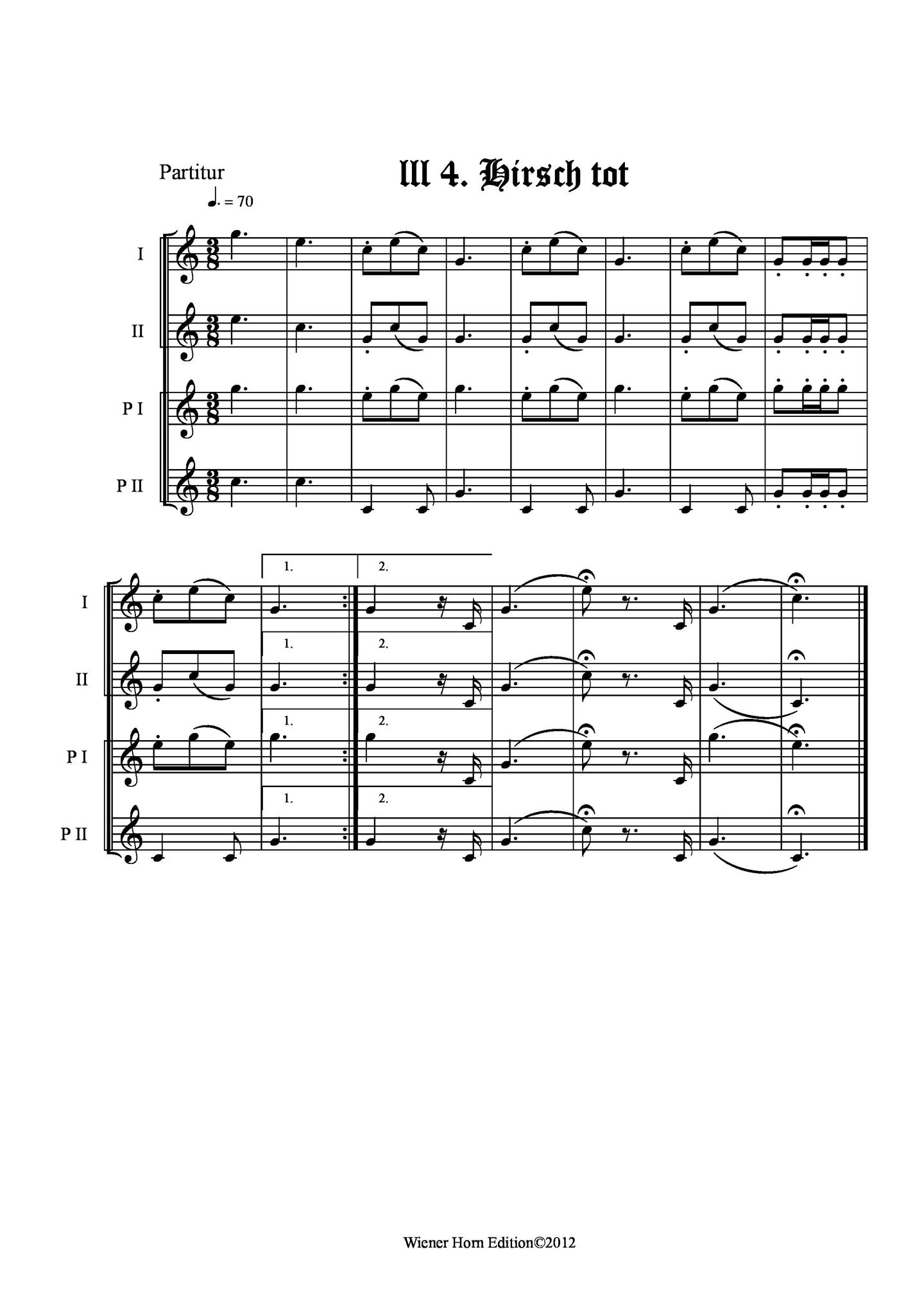 Hirsch tot - Totsignal für 2 Pless Hörner & 2 Parforce Hörner in B mit Text