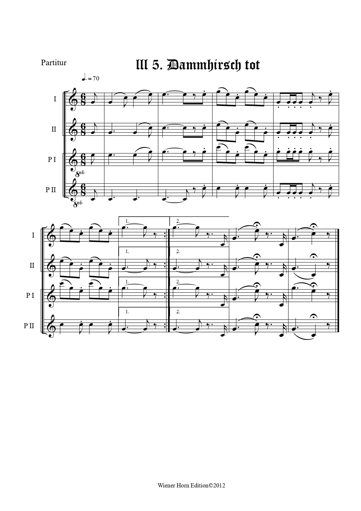 Dammhirsch tot - Totsignal für 2 Pless Hörner & 2 Parforce Hörner in B mit Text