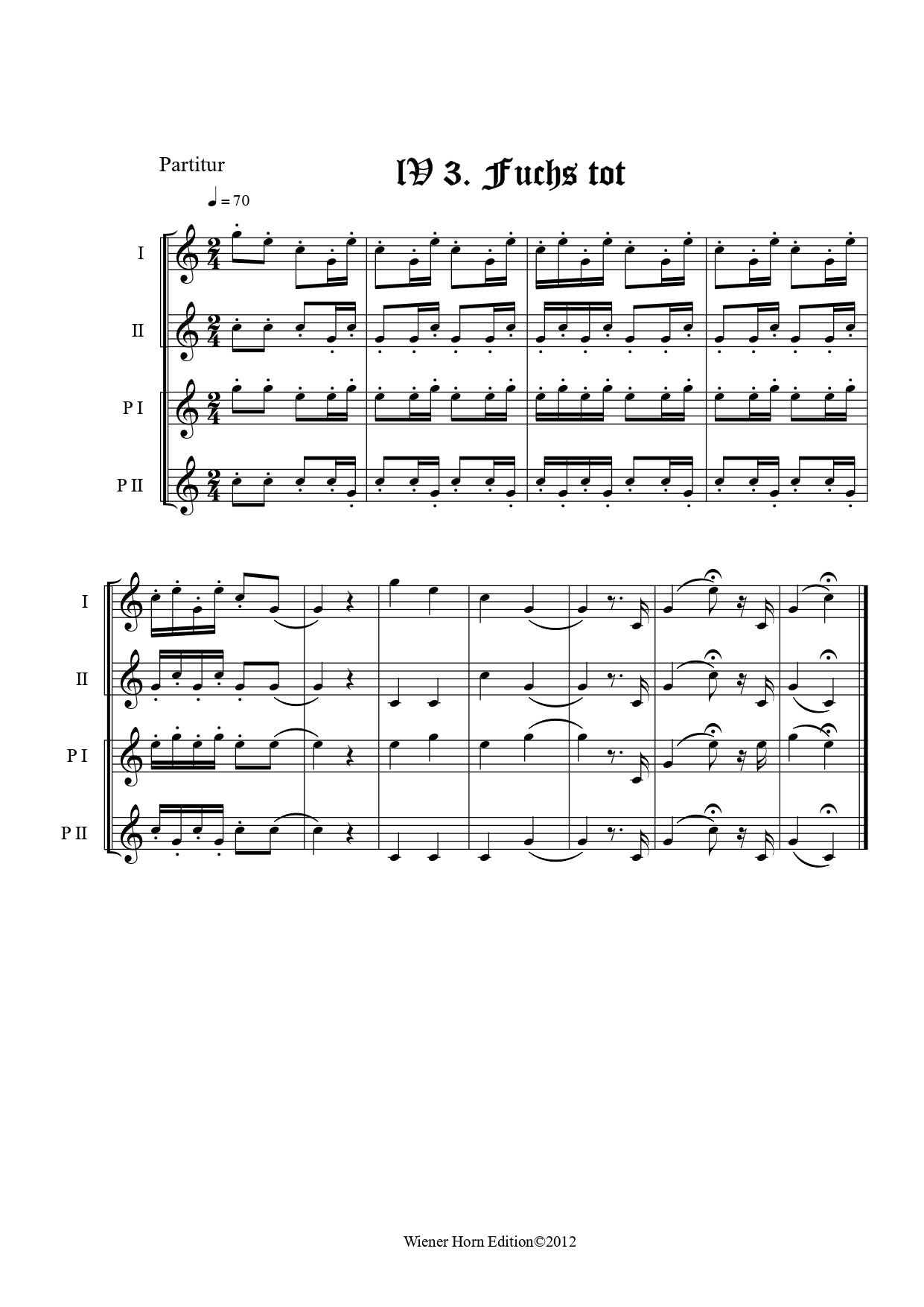 Fuchs tot - Totsignal für 2 Pless Hörner & 2 Parforce Hörner in B mit Text