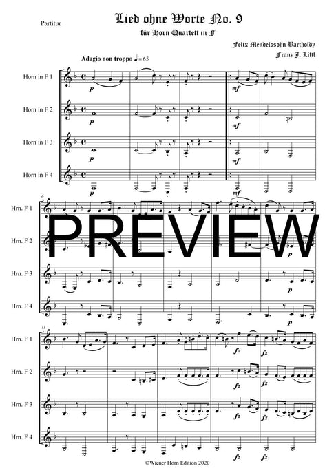 Lied ohne Worte No. 9 - Felix Mendelssohn Bartholdy - für Horn Quartett in F - Arr. Franz J. Liftl