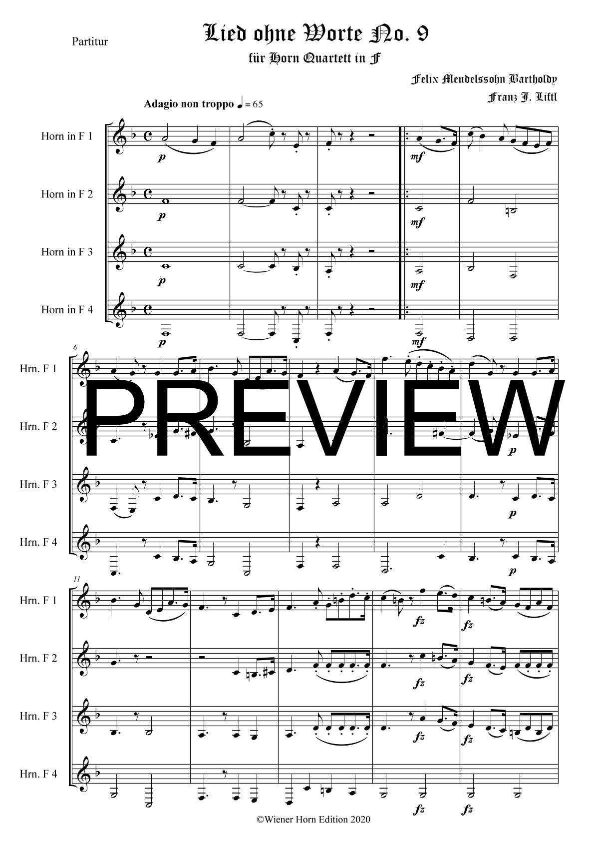 Lied ohne Worte No. 9 - Felix Mendelssohn Bartholdy - für Horn Quartett in F - Arr. Franz J. Liftl