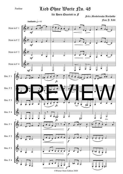 Lied ohne Worte No. 48 - Felix Mendelssohn Bartholdy - für Horn Quartett in F - Arr. Franz J. Liftl