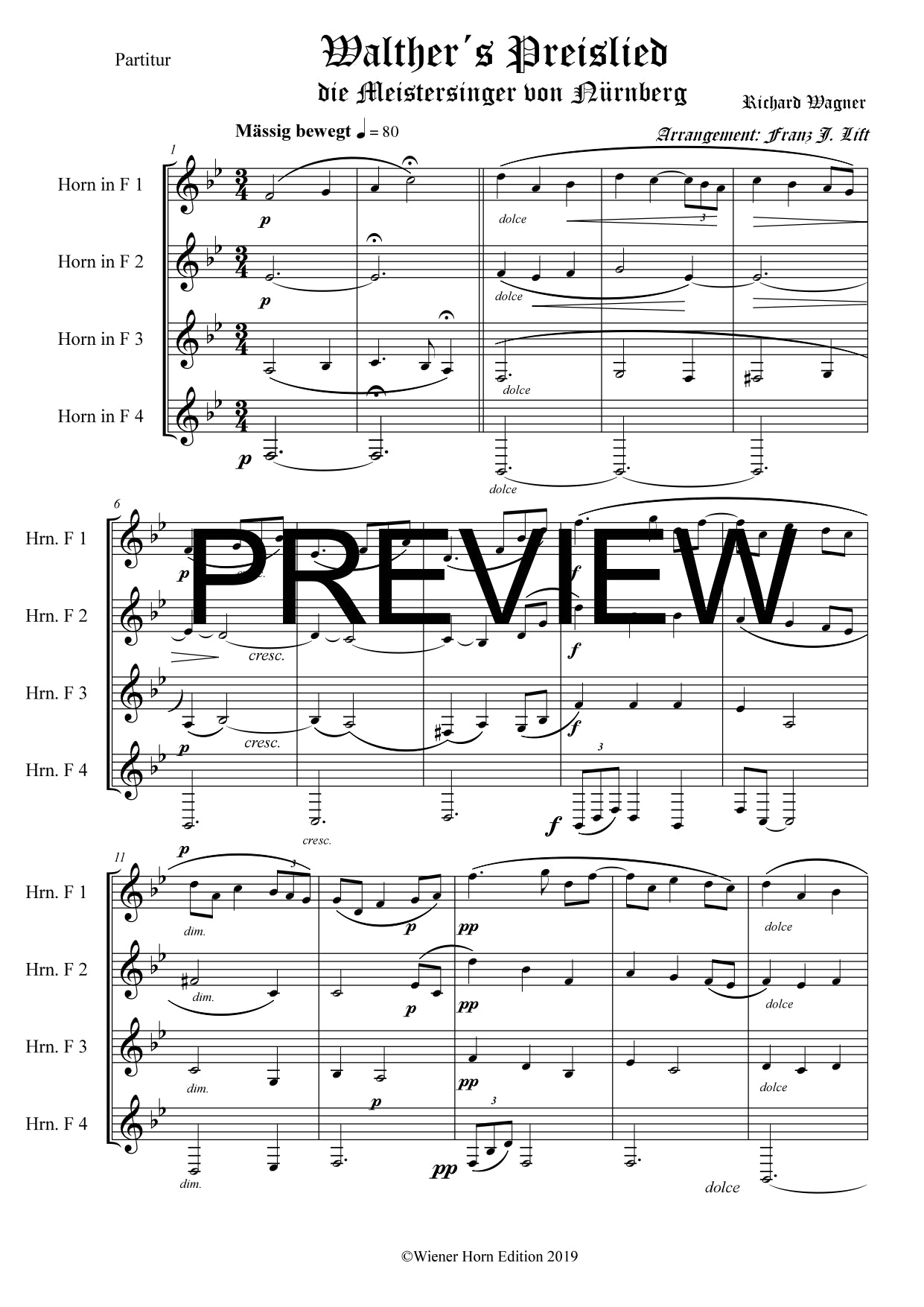 Walther´s Preislied - Franz Josef Liftl - Richard Wagner - für Horn Quartett in F - 4 WH