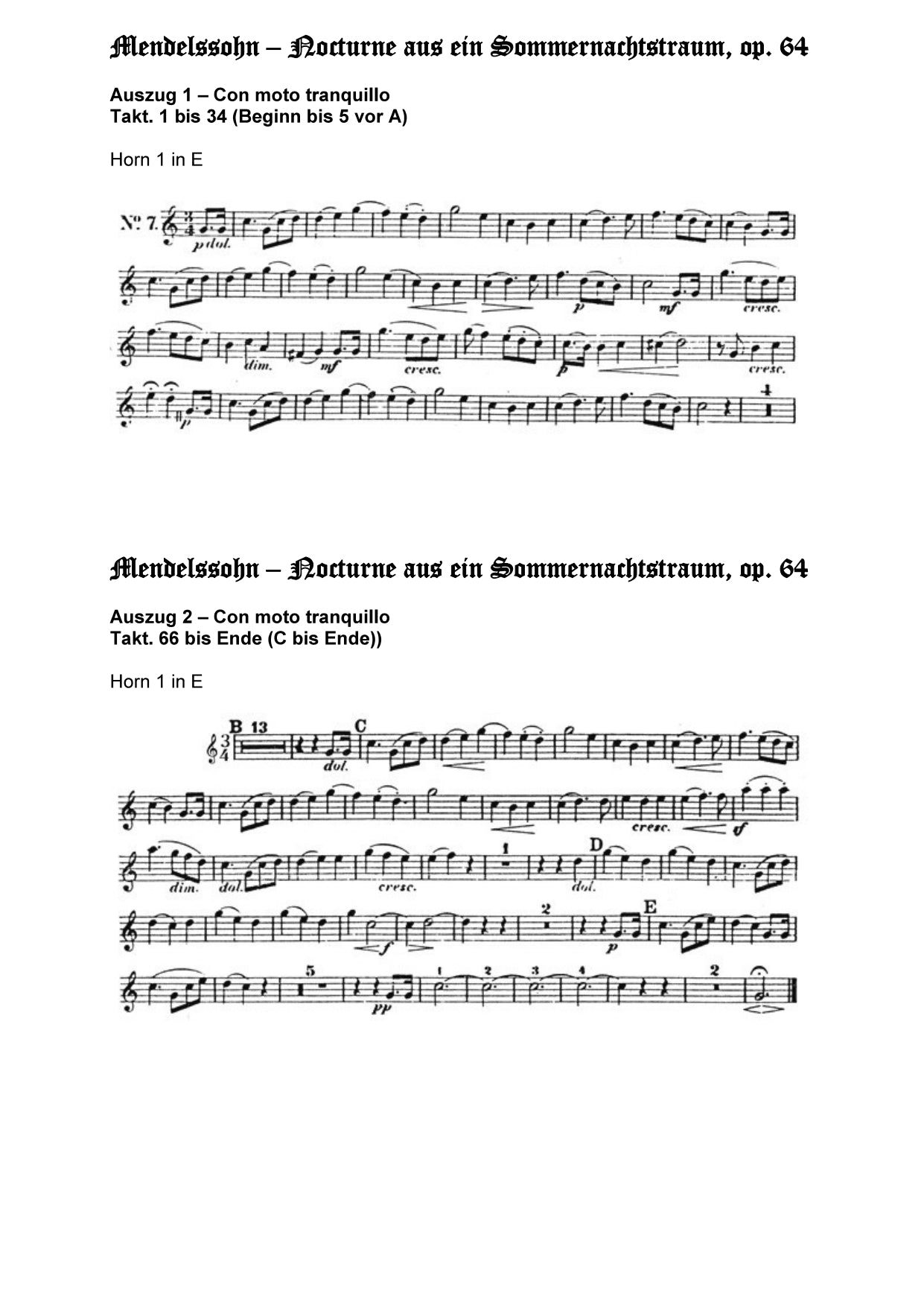 Orchester Studie - Felix Mendelssohn Bartholdy - ein Sommernachtstraum - Horn 1