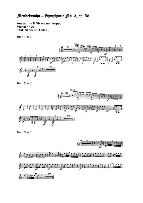 Orchester Studie - Felix Mendelssohn Bartholdy - Symphonie No 3, Horn 1,2,3,4