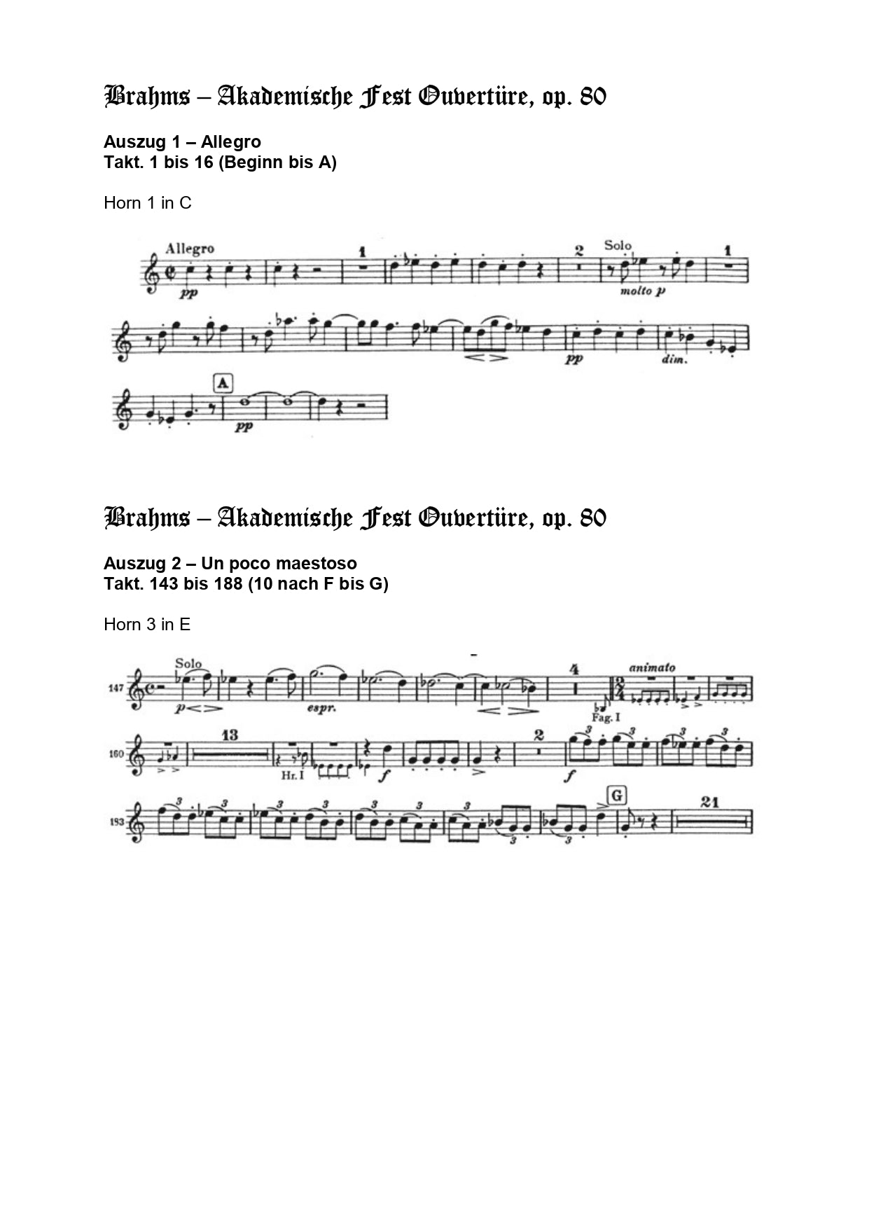 Orchester Studie - Johannes Brahms - Akademische Festouvertüre - Horn 1,3