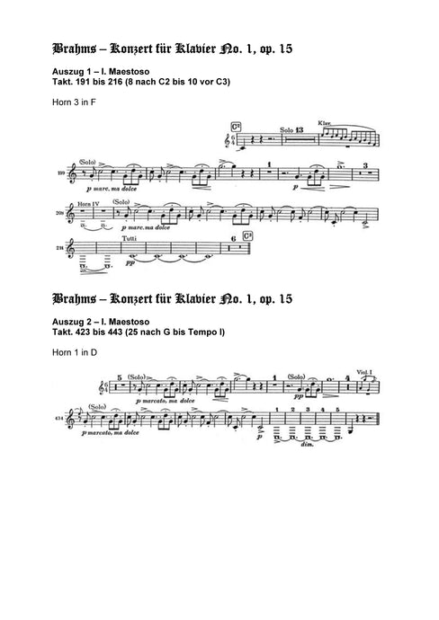 Orchester Studie - Johannes Brahms - Klavier Konzert No 1,2 - Horn 1,3