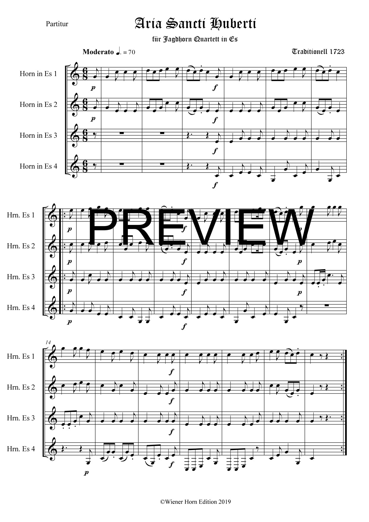 Aria Sancti Huberti - für Jagdhorn Quartett in Es - in der Fassung 1723 - JH4