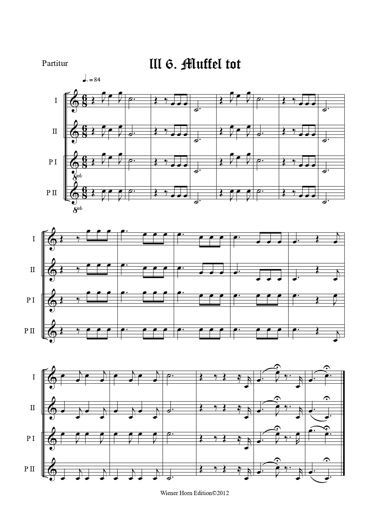 Muffel tot - Totsignal für 2 Pless Hörner & 2 Parforce Hörner in B mit Text